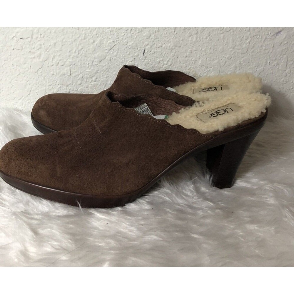 UGG Mules Size 8 Women's Brown Suede Shearling Lined Slip On Heels Clogs #5563